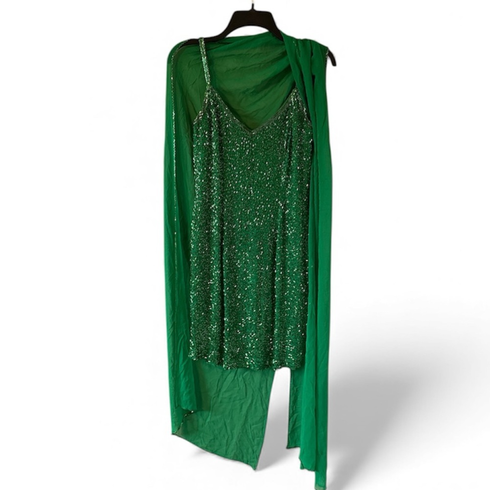 Vintage Black Tie Oleg Cassini Emerald Green Beaded Sequin Mini Dress & Scarf 4